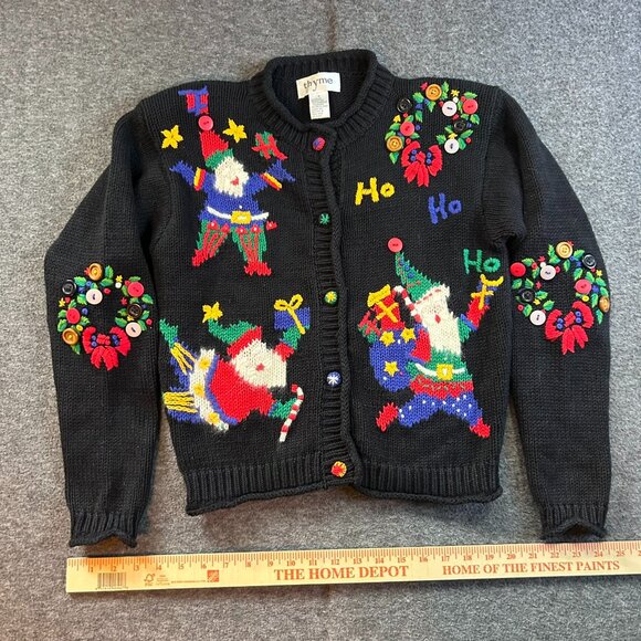 Vintage Thyme 80s 90s Knit Ugly Sweater Cardigan Women S Teachers Santa Ho Ho Ho - Picture 1 of 8